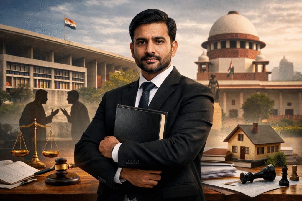 Advocate Sahil Goel standing near Punjab and Haryana High Court Chandigarh representing civil litigation cases