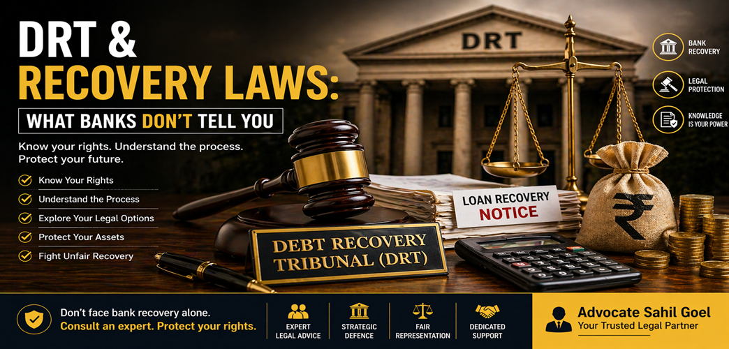 DRT and recovery laws concept with gavel, scales of justice, loan recovery notice, and financial symbols representing bank recovery legal process in India