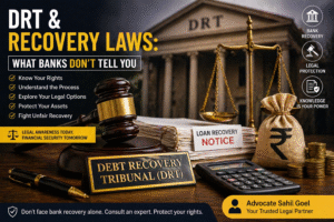 DRT and recovery laws concept with gavel, scales of justice, loan recovery notice, and financial symbols representing bank recovery legal process in India