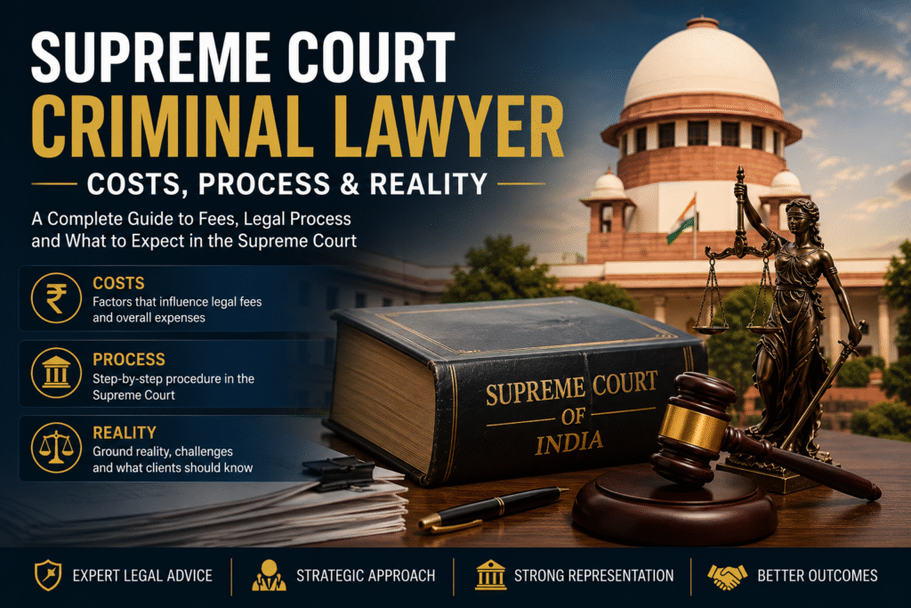 Illustration of legal documents, scales of justice, and courtroom elements representing Supreme Court criminal lawyer costs and legal process in India