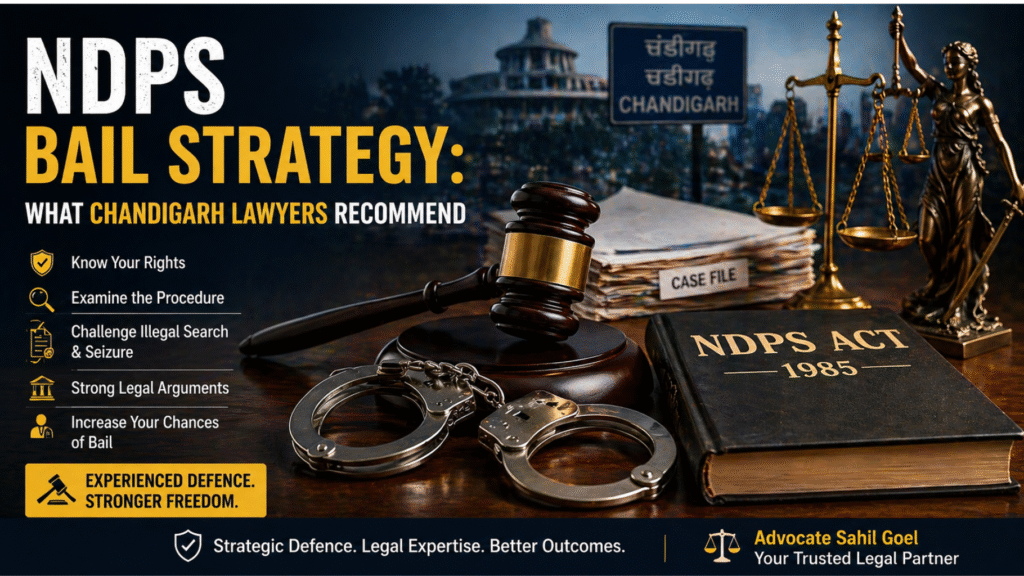 NDPS bail strategy banner featuring gavel, handcuffs, NDPS Act book, and legal symbols with Chandigarh backdrop representing expert criminal defense guidance