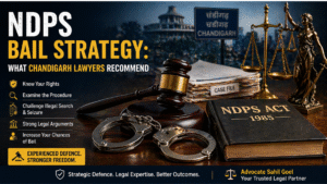 NDPS bail strategy banner featuring gavel, handcuffs, NDPS Act book, and legal symbols with Chandigarh backdrop representing expert criminal defense guidance