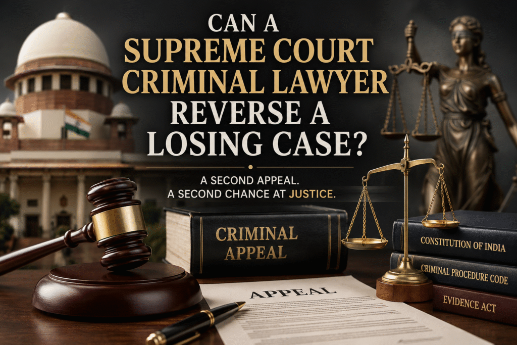 Supreme Court Criminal Lawyer reviewing criminal appeal case with Supreme Court building, scales of justice, and legal documents in background