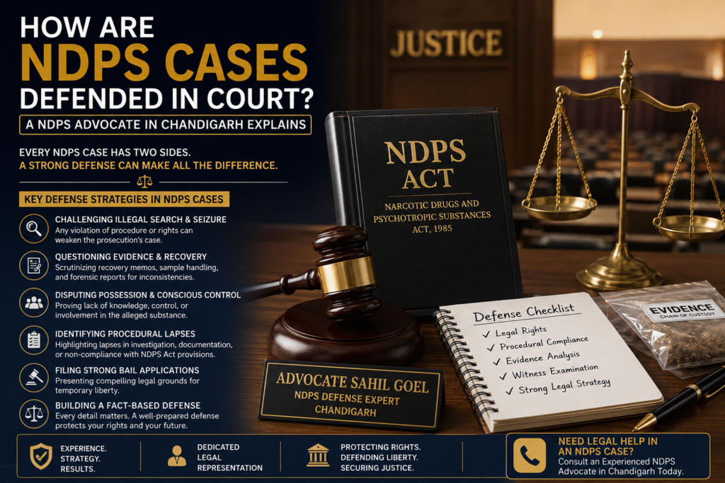 NDPS Advocate in Chandigarh explaining defense strategies in NDPS cases with legal documents, scales of justice, and courtroom background