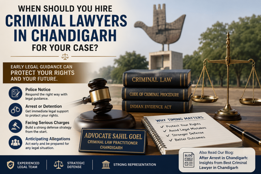 Criminal Lawyers in Chandigarh legal consultation with law books, gavel, scales of justice, and criminal defense strategy concept