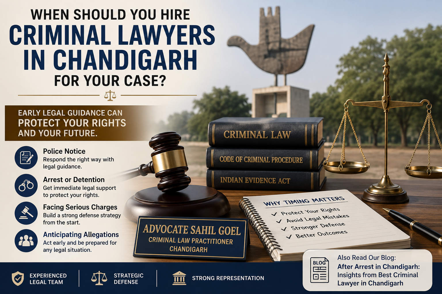 Criminal Lawyers in Chandigarh legal consultation with law books, gavel, scales of justice, and criminal defense strategy concept