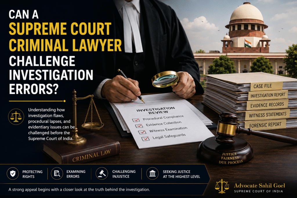 Supreme Court Criminal Lawyer reviewing investigation records and evidence for criminal appeal before the Supreme Court of India