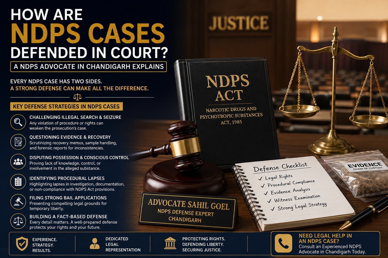 NDPS Advocate in Chandigarh explaining defense strategies in NDPS cases with legal documents, scales of justice, and courtroom background